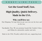 The image is a promotional image for a company called "Honey Lime Tees". It features a message about the company's products, highlighting their features such as fast shipping, high quality, and top-quality tees. The company is also mentioned as being made in the USA, which suggests that they prioritize quality and craftsmanship. The image does not contain any text that is too long or unclear, and it focuses on the company's offerings rather than providing a detailed description