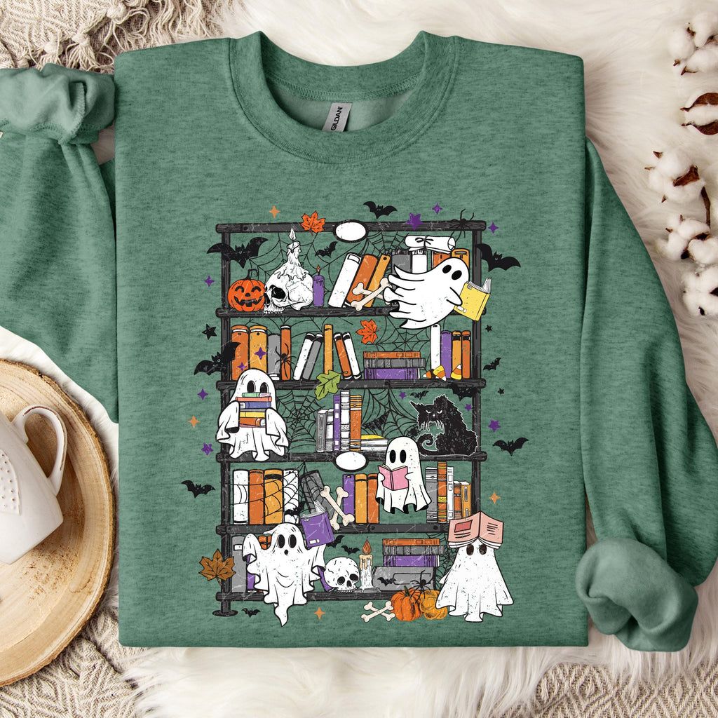 Ghost Bookshelf Sweatshirt, Halloween Book Lover Sweatshirt, Spooky Library Crewneck, Cute Reading Ghost Sweatshirt, Bookish Fall Pullover