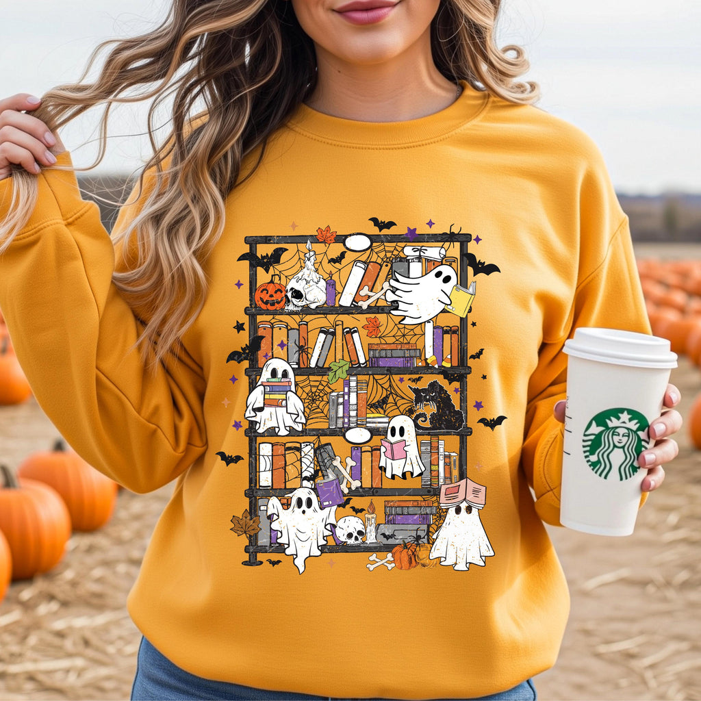 Ghost Bookshelf Sweatshirt, Halloween Book Lover Sweatshirt, Spooky Library Crewneck, Cute Reading Ghost Sweatshirt, Bookish Fall Pullover