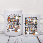 Ghost Bookshelf Coffee Mug, Halloween Ghost Mug, Book Lover Coffee Cup, Spooky Books Mug, Ceramic Mug, 11 oz Mug, 15 oz Mug
