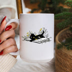 Black Cat Reading Coffee Mug, Book Lover Cat Mug, Reading Cat Coffee Cup, Cat Lover Mug, Ceramic Mug, 11 oz Mug, 15 oz Mug