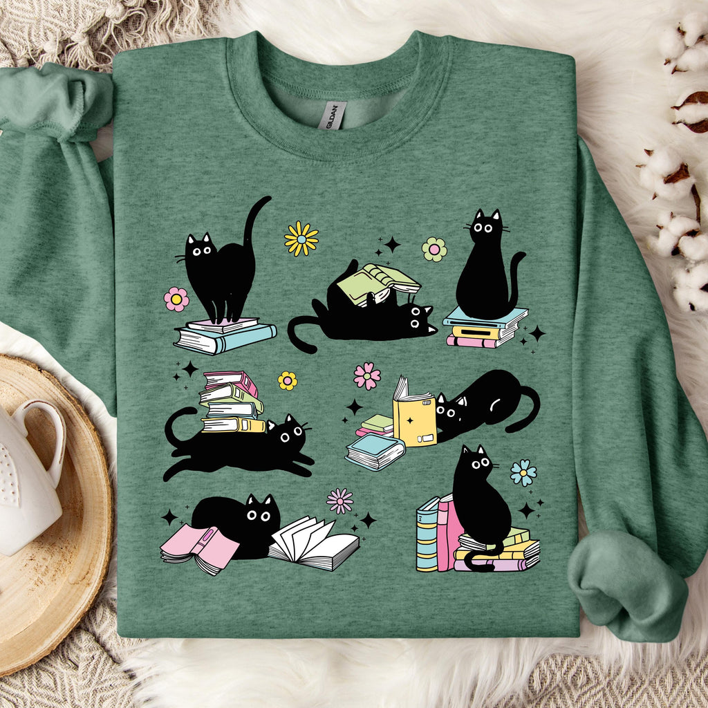 Black Cat Book Lover Sweatshirt, Reading Cat Crewneck, Cute Bookworm Sweatshirt, Cat Lover Graphic Sweatshirt