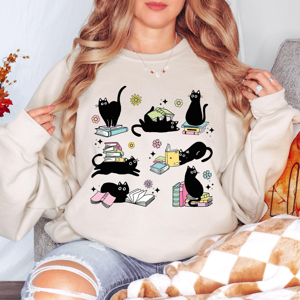 Black Cat Book Lover Sweatshirt, Reading Cat Crewneck, Cute Bookworm Sweatshirt, Cat Lover Graphic Sweatshirt