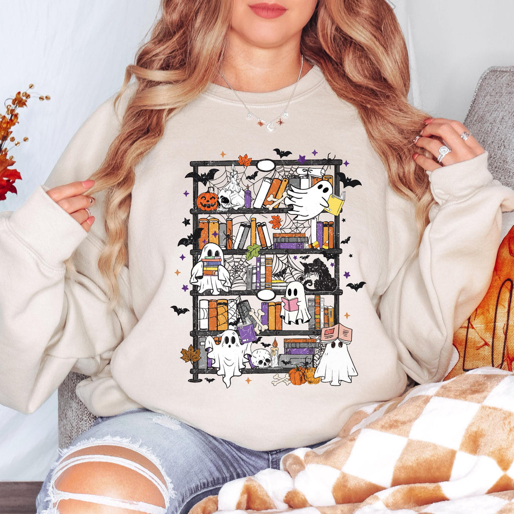 Ghost Bookshelf Sweatshirt, Halloween Book Lover Sweatshirt, Spooky Library Crewneck, Cute Reading Ghost Sweatshirt, Bookish Fall Pullover