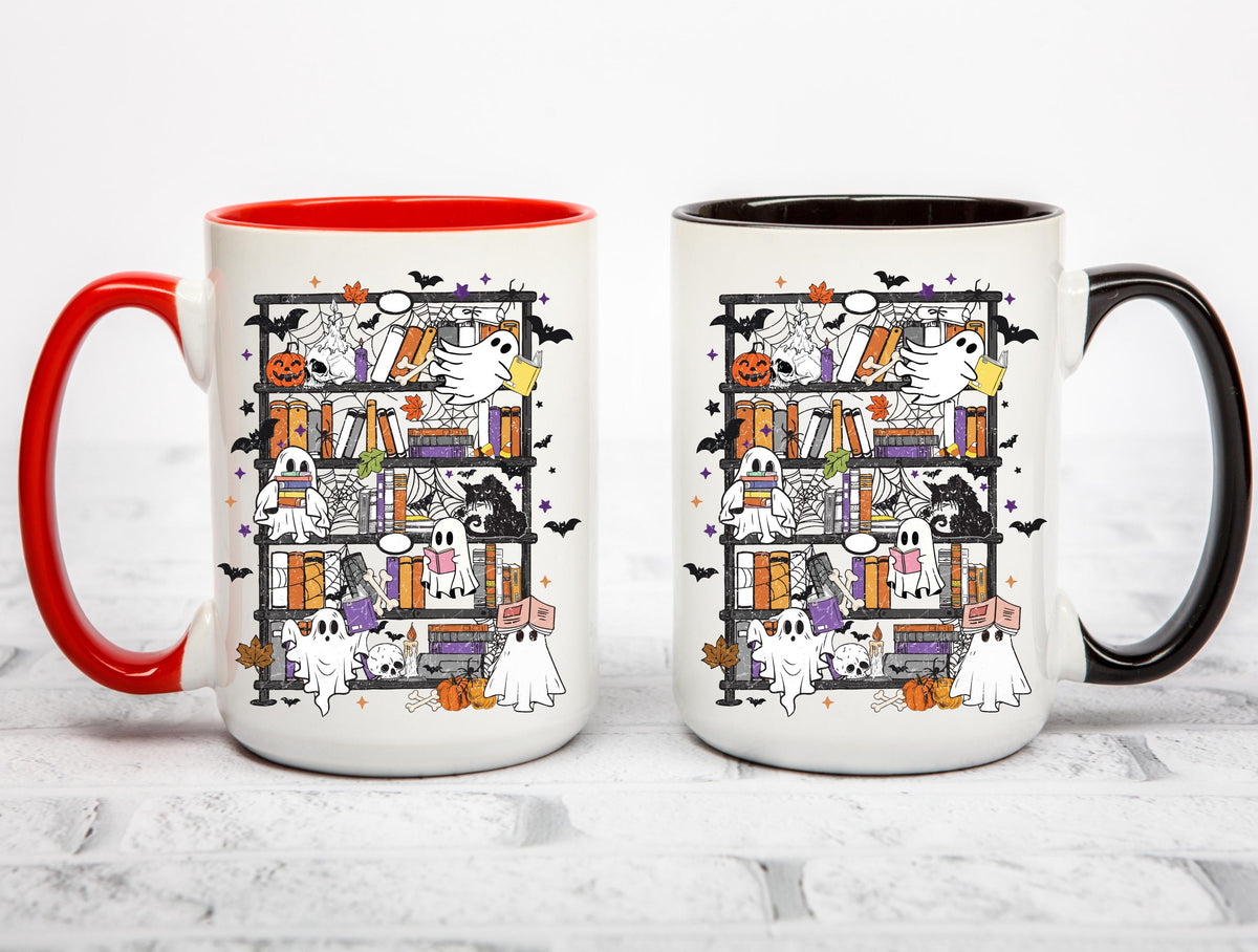 Ghost Bookshelf Coffee Mug, Halloween Ghost Mug, Book Lover Coffee Cup, Spooky Books Mug, Ceramic Mug, 11 oz Mug, 15 oz Mug