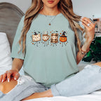 Halloween Fall Book Lover Shirt, Cozy Fall Reading T-Shirt, Cute Pumpkin Book Coffee Graphic Tee, Spooky Season Reader Shirt